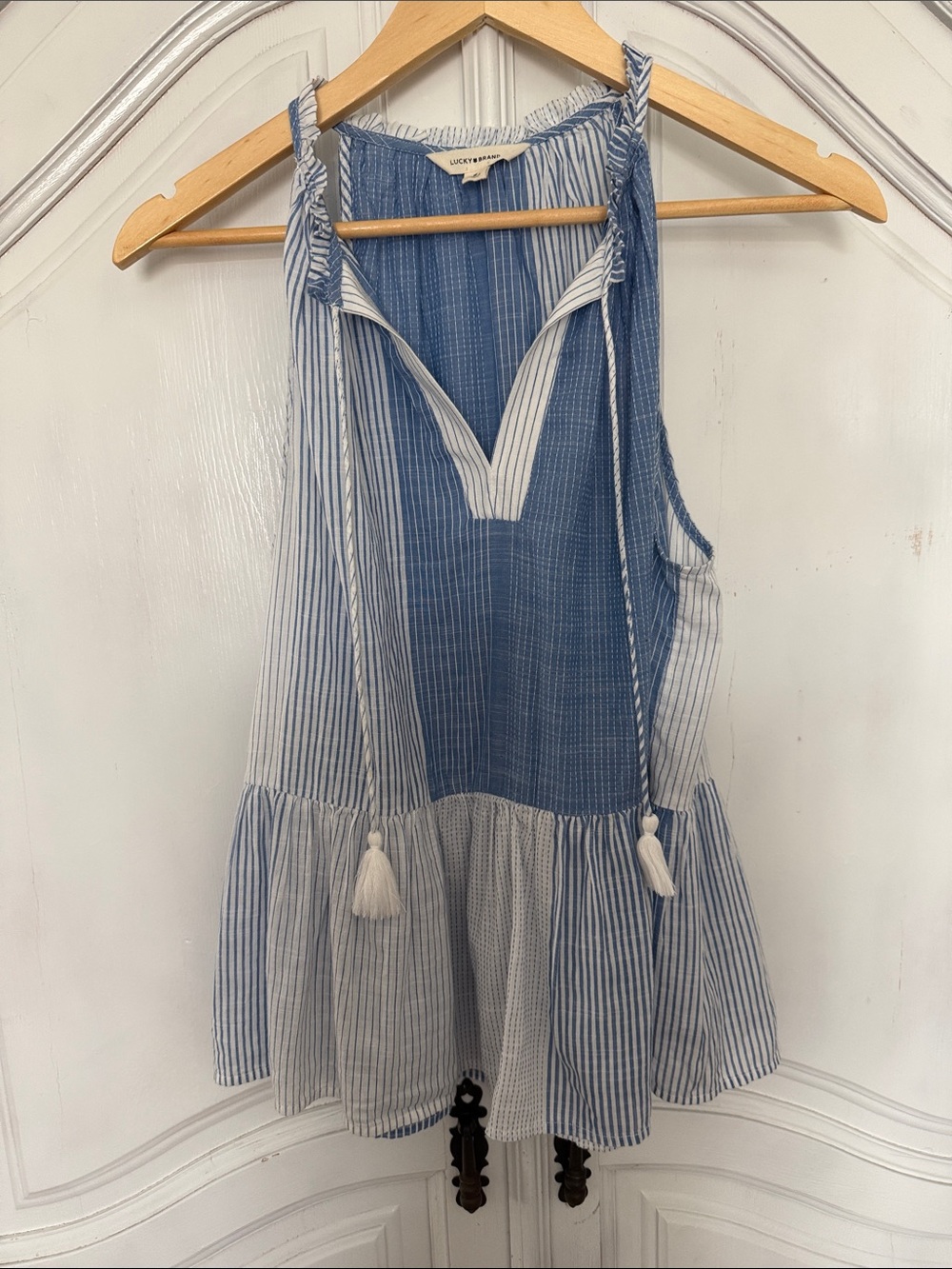 Lucky Brand Blue White Striped Patchwork Tassel Peplum Tank Top Coastal Cotton M